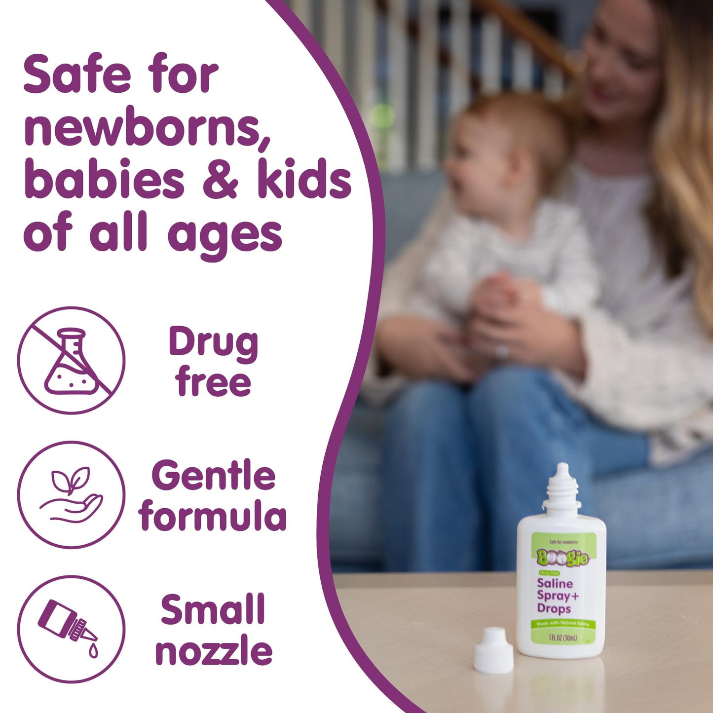 Boogie Baby Saline Nasal Spray and Drops, Allergy Relief, Nasal Spray Decongestant, FSA/HSA Eligible, Made with Natural Saline, 1 Ounce (Pack of 2)