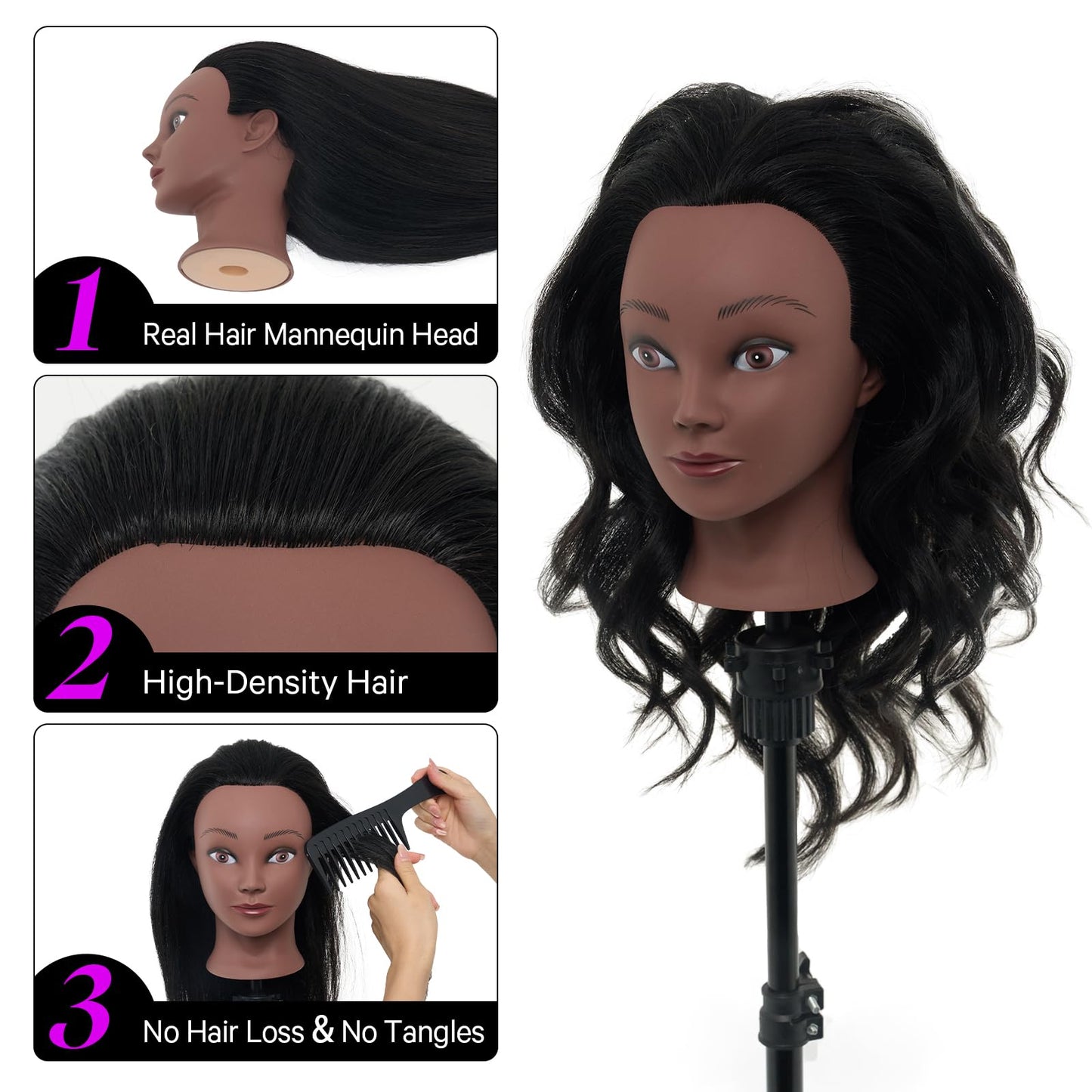 18" Mannequin Head Human Hair with Stand - 100% Real Human Hair Mannequin Head for Braiding, Cosmetology Manikin Doll Head for Hair Styling with Tripod Stand Table Clamp Hair Braiding Set,Black