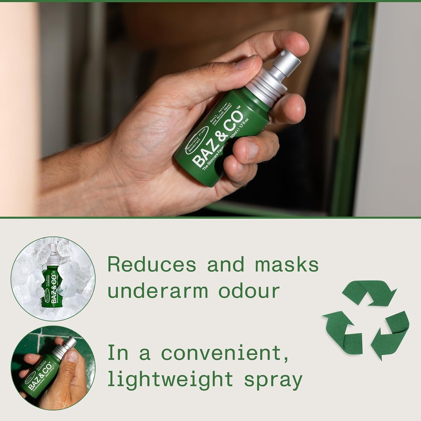 BAZ & CO Naturally Fresh Travel Size Deodorant Body Spray for Men | Aluminium Free Deodorant | Basil, Vetiver & Witch Hazel | 50ml