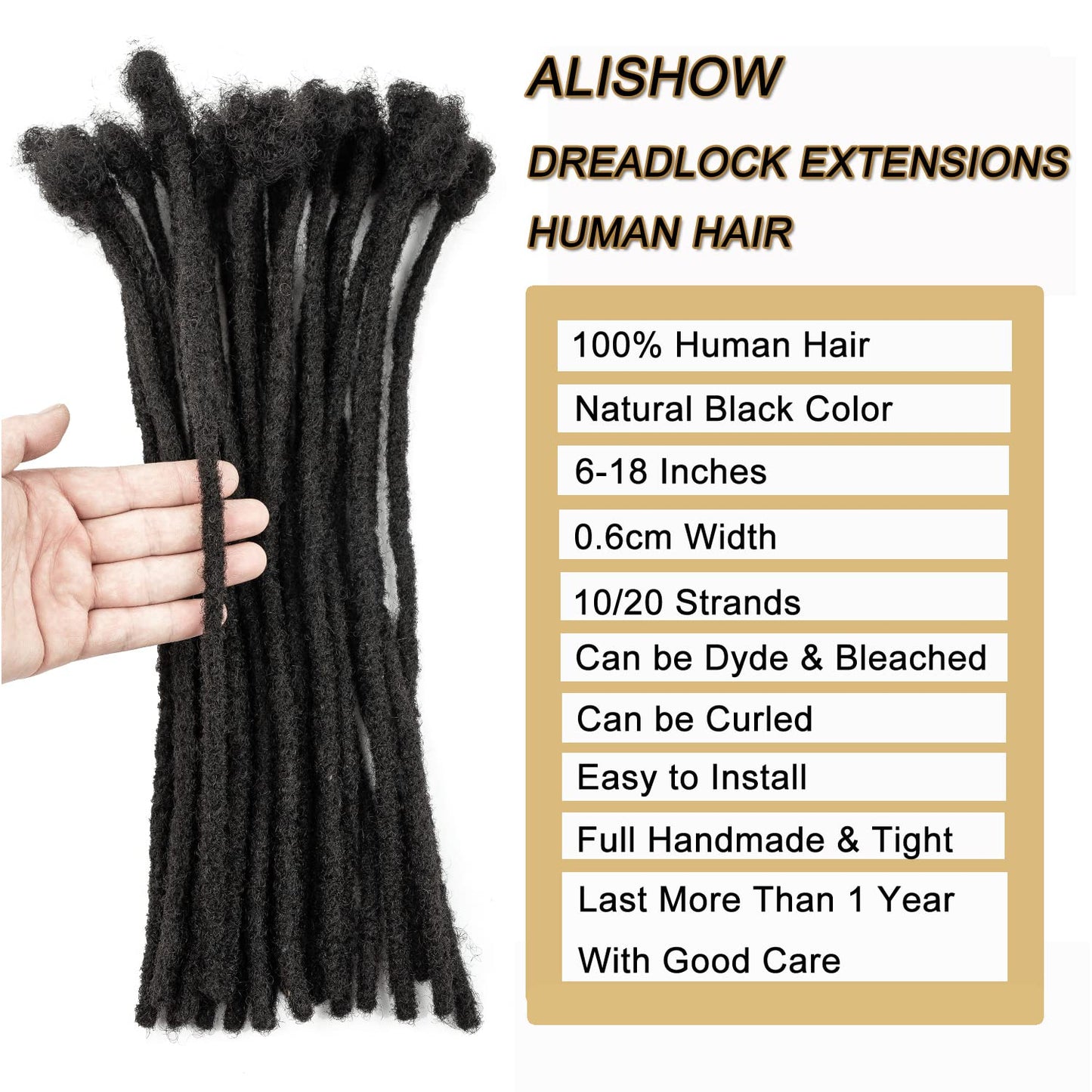 Real Human Hair Dreadlock Extensions - 8 Inch, 0.6cm Thickness | 20 Strands in Natural Black