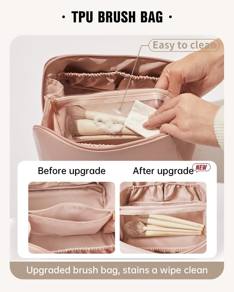 Travel Makeup Bag - Large Capacity Waterproof PU Leather Cosmetic Organizer | Flat Open Design for Skincare & Brushes