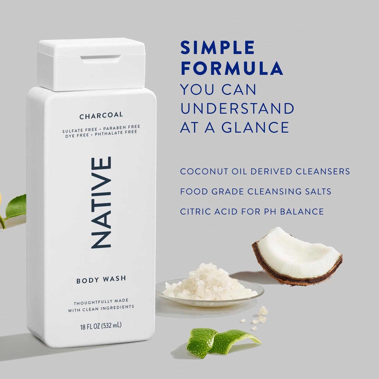 Native Body Wash Contains Naturally Derived Ingredients | For Women & Men, Sulfate, Dye, & Paraben Free Leaving Skin Soft and Hydrated | Charcoal 18 oz (Pack of 2)