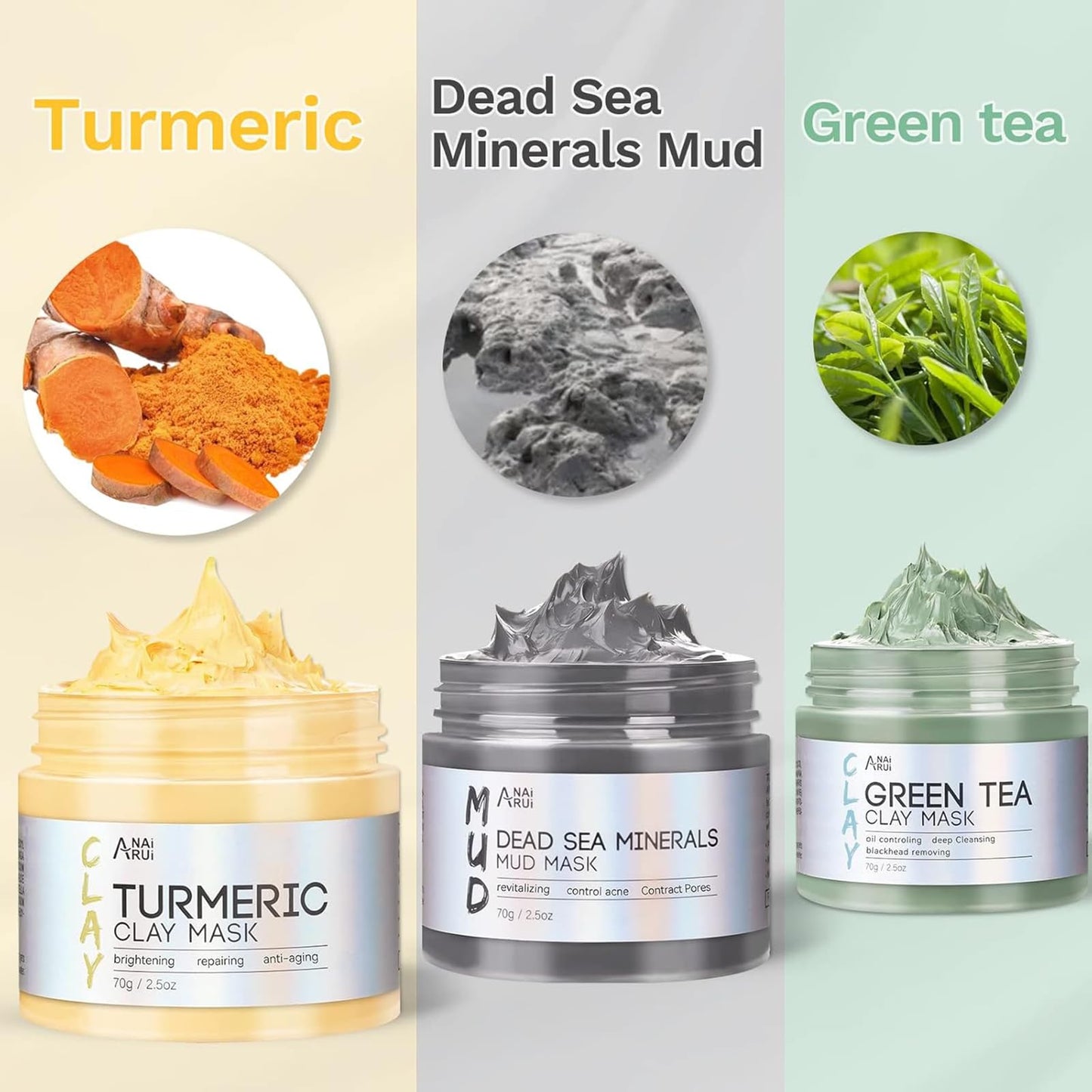 ANAI RUI 3 Pcs Face Mask Set - Turmeric Clay Mask - Green Tea Face Mask - Dead Sea Mud Mask for Oily Skin, Blackheads & Pores -Spa Gift Set Self Care for Women Teens 2.5 oz Each