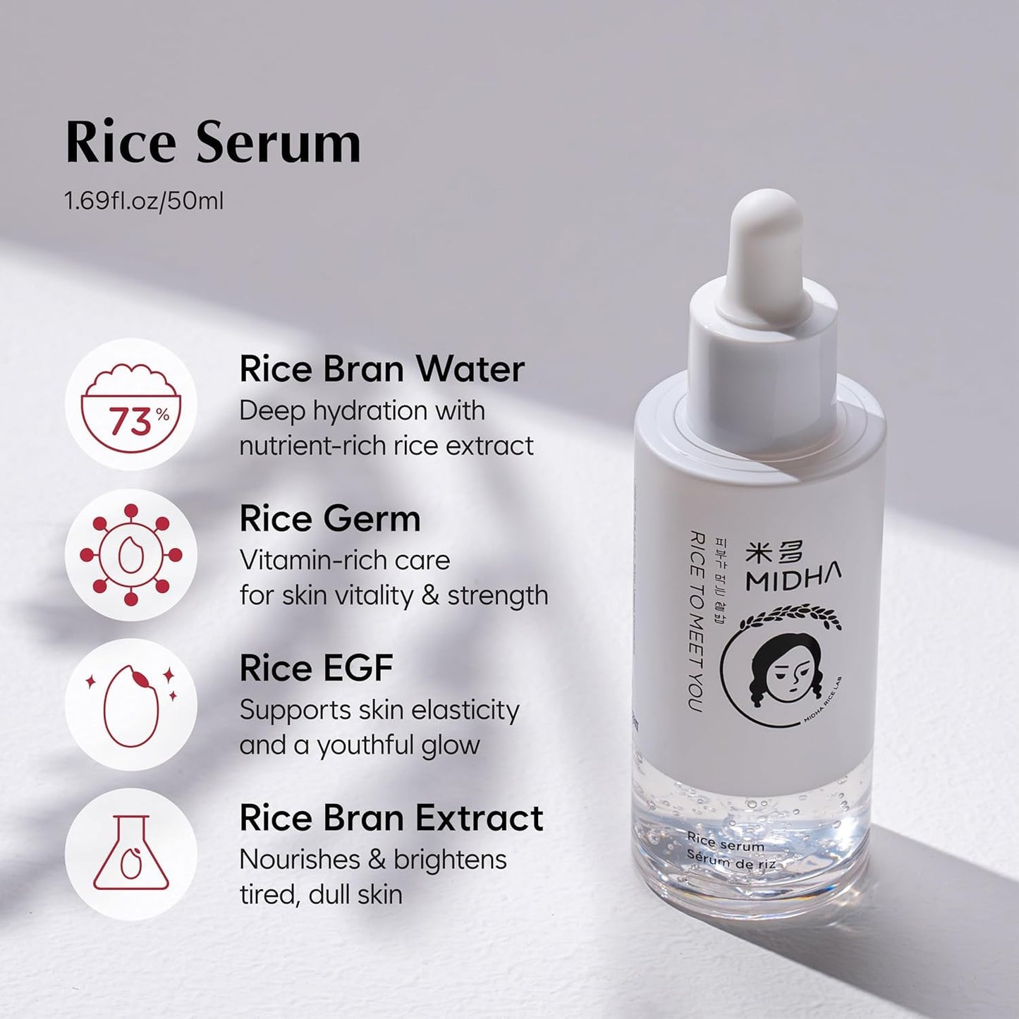 MIDHA Rice Serum, 1.69fl.oz/50ml, Deep hydration, Skin barrier support, Lightweight, Moisture, Radiant, Long-lasting Moisture care, balanced skin appearance, Nourishing, Korean Skin Care