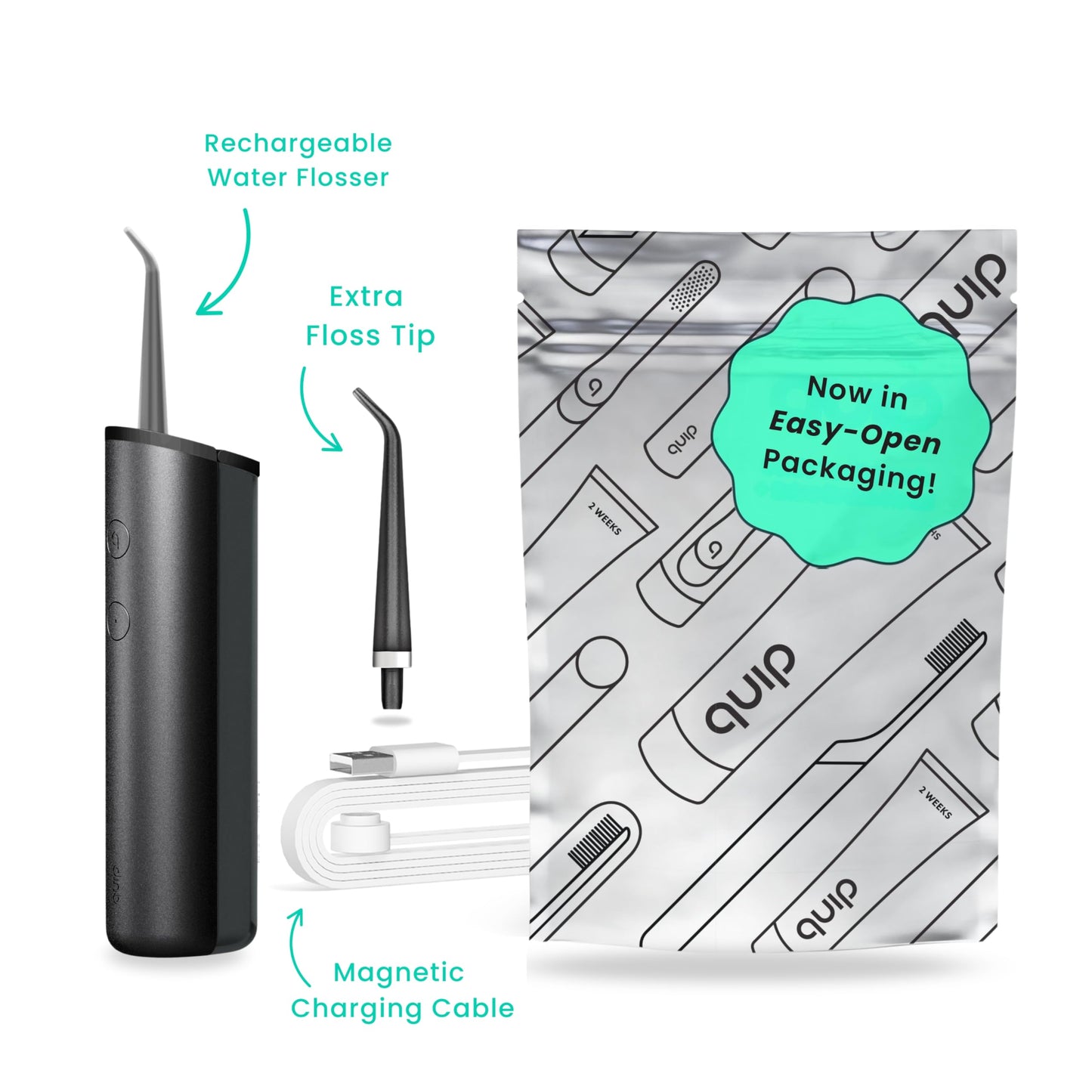 quip Water Flosser with Replacement Tip - Cordless Water Flosser with Adjustable Pressure - Teeth Cleaner Pick with 360 Degree Rotating Replaceable Tip, Rechargeable Water Dental Pick - All-Black