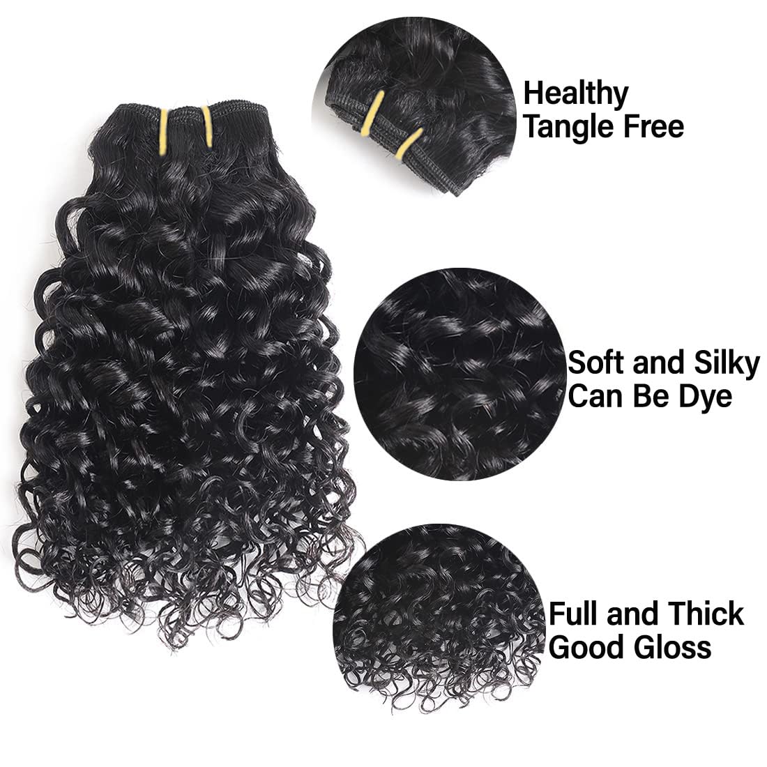 Curly Human Hair Bundles, 4 Pack Short Curly Hair Extensions, Natural Color, Brazilian Style, Soft & Full, 8 Inch Bundles