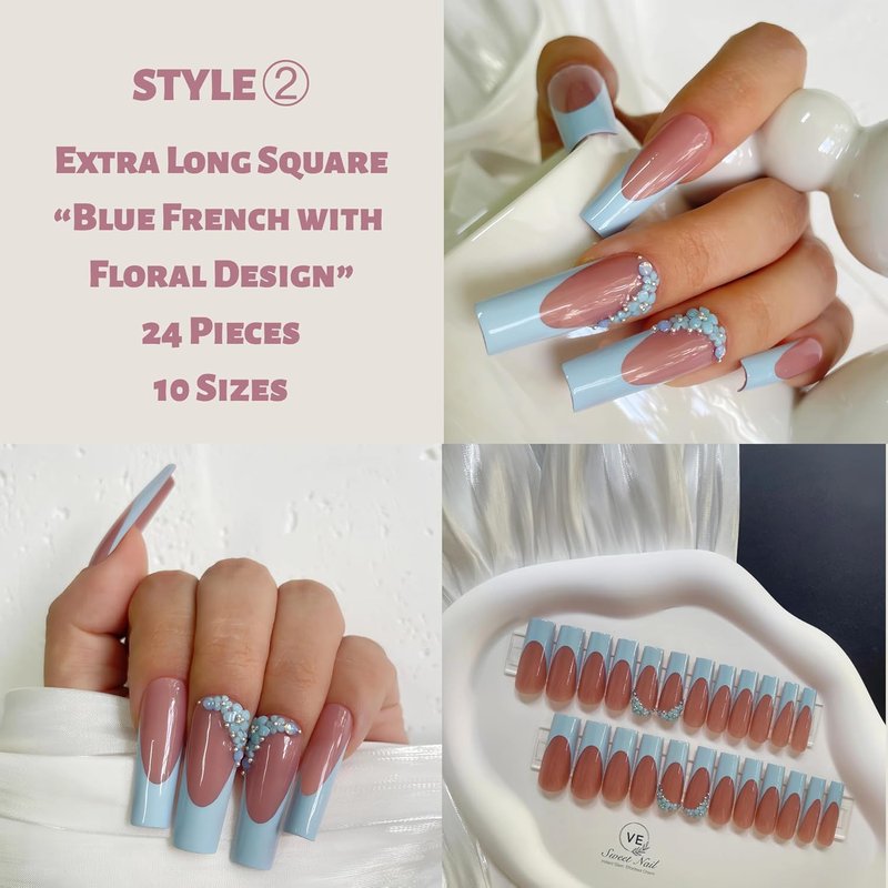 Extra Long Square Press-On Nails - 4 Box Set with 3D Designs | Stylish False Nail Tips for Women | Perfect Gift Idea