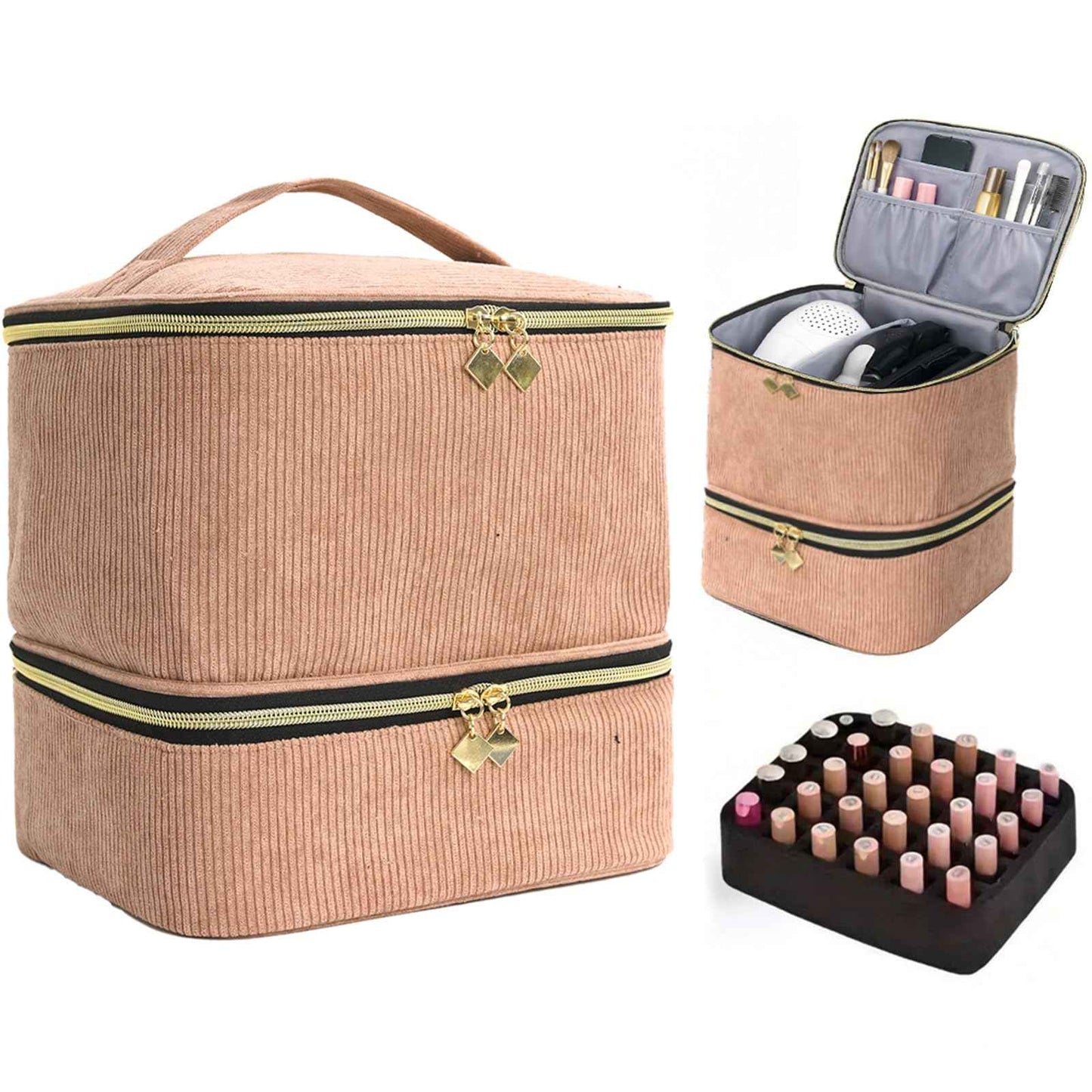 Apxouans Nail Polish Organizer Bag Nail Kit Organizer Holds 30 Bottles and 1 Nail Lamp Double-layer Nail Polish Carrying Case Nail Art Tote Bag Brown