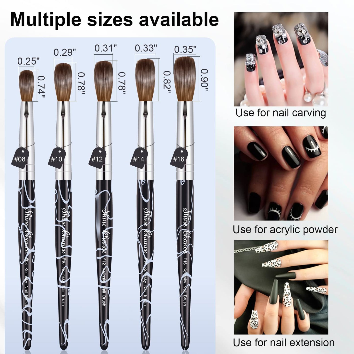 Shine Chance 2Pcs Acrylic Nail Art Brushes Size 8 12, 100% Pure Kolinsky Hair Oval Nail Brush for Acrylic Application, Professional Nail Extension Manicure Tool Striping Nail Drawing Pen for Home