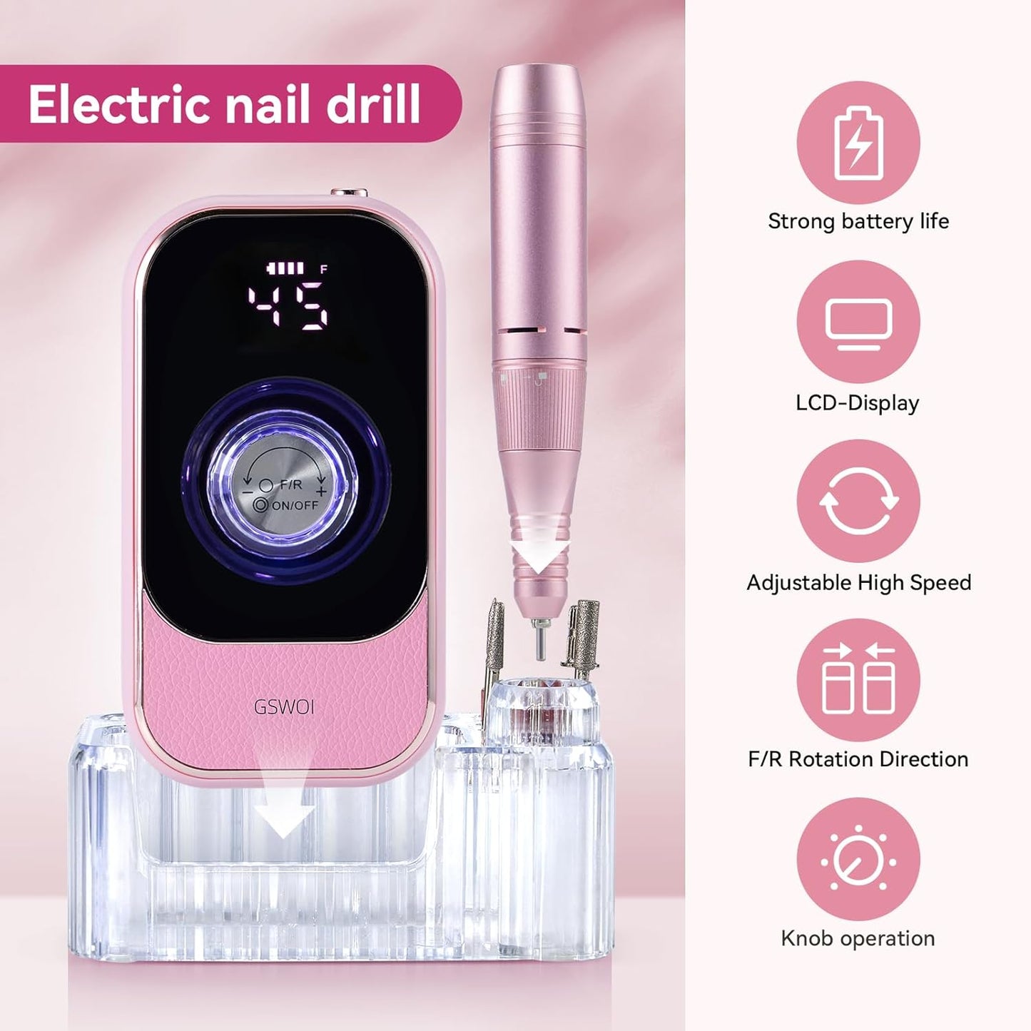 Portable Nail Drill - 45000RPM Electric File for Acrylic Nails | Cordless Rechargeable E-File with Bits & Base