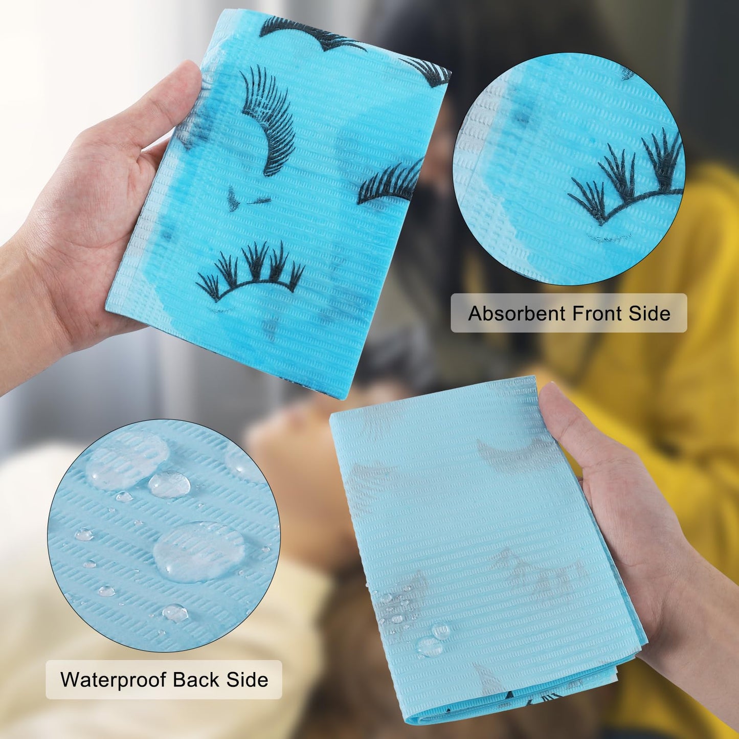 PRASNE Lashing Dental Bibs Disposable Pack of 125, Lash Pillow Cover of Lash Supplies, Blue 3-Ply Paper Poly Waterproof Towels, 13” x 18”, Black Eyelash Printed
