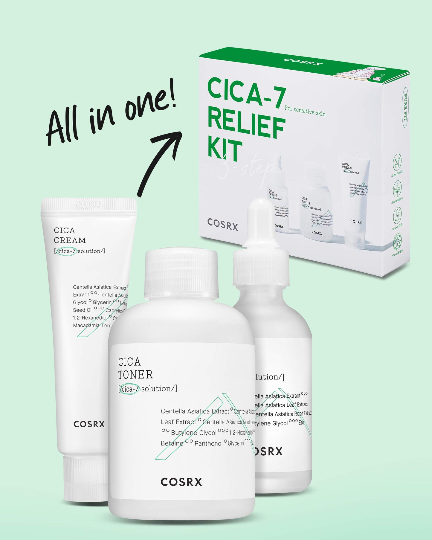COSRX CICA Relief Kit, Toner, Serum, Cream with Centella Asiatica, Sensitive Skin, Soothing, Moisturizing, Travel Size Set, Gift Set, Korean Skin Care, Not Tested on Animals, Paraben Free