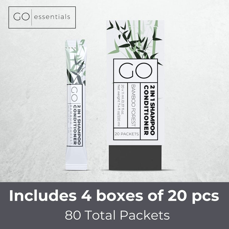 GO Essentials Travel Size Shampoo and Conditioner Set of 80 – 2 in 1 Single Use Travel Shampoo and Conditioner (Sulfate Free) - Hotel Amenities, Homeless Care Kit, Camping.
