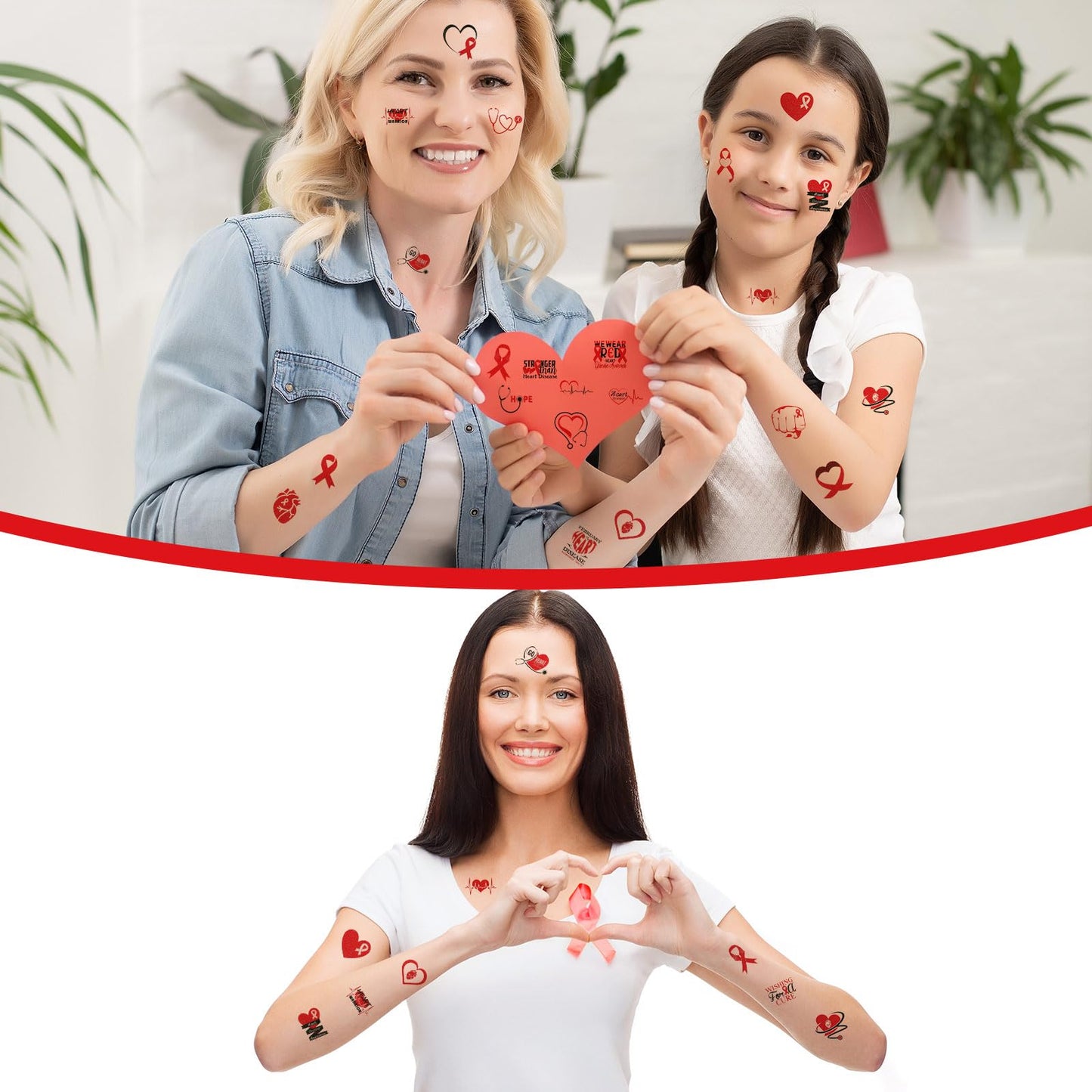 Landhoow 240 Pcs Heart Health Awareness Tattoos Temporary Glitter Awareness Body Sticker for Campaign Favor Charity Supplies, 24 Designs