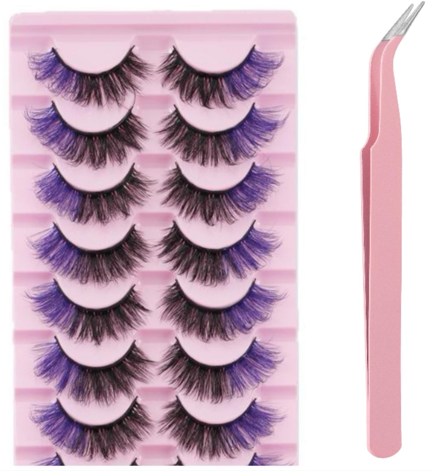 Chunmeng False Eyelashes Reusable Natural Look Easy Daily Use Voluminous Lashes for Party Perfect for Makeup Hypoallergenic +Pink tweezers (Purple+Black)
