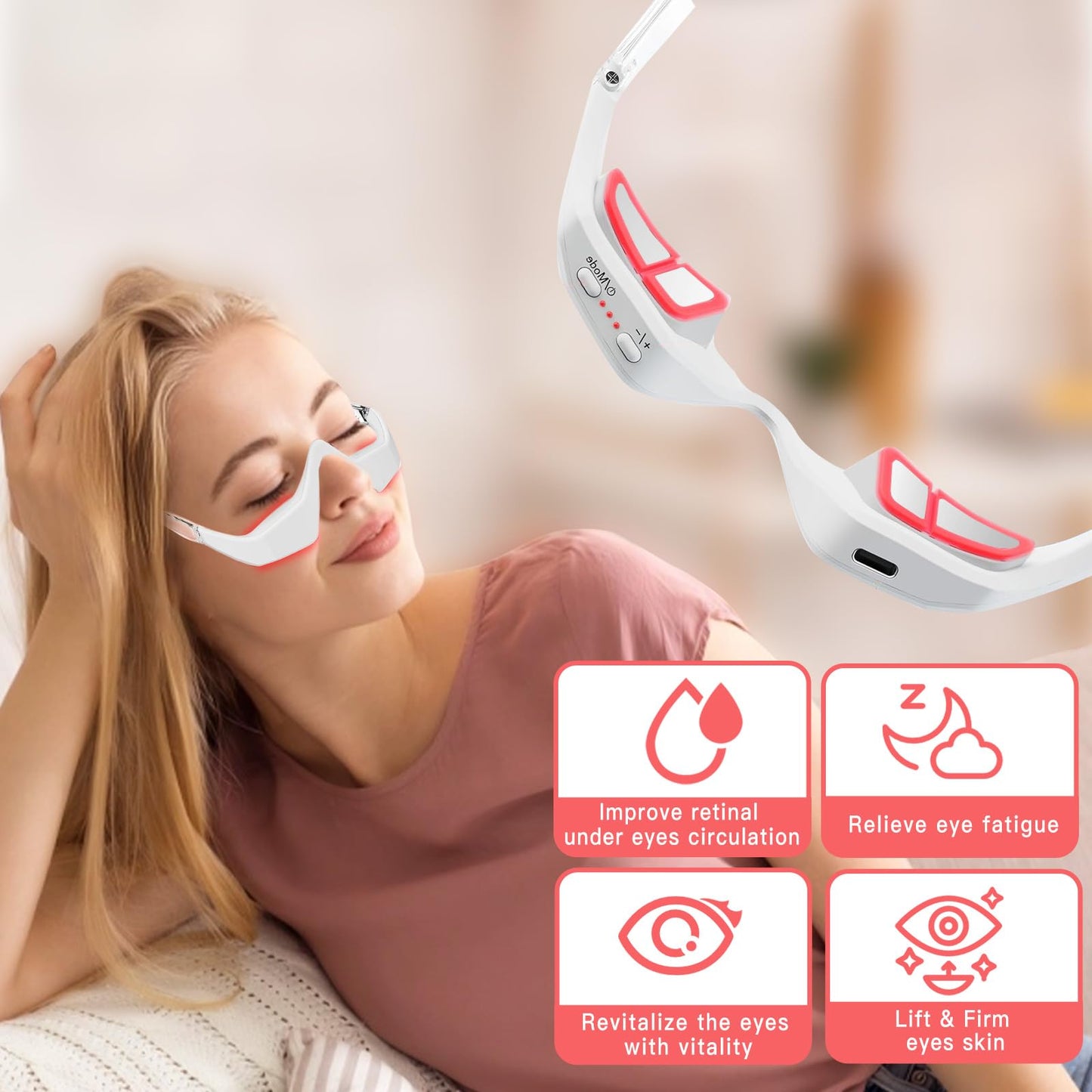 Under Eye Red Light Therapy Device - 3D Surround Massager Glasses for Eye Bags & Puffiness Appearance - Hands-Free Beauty Tool for Reading & Relaxing, 3 Microcurrent Intensities