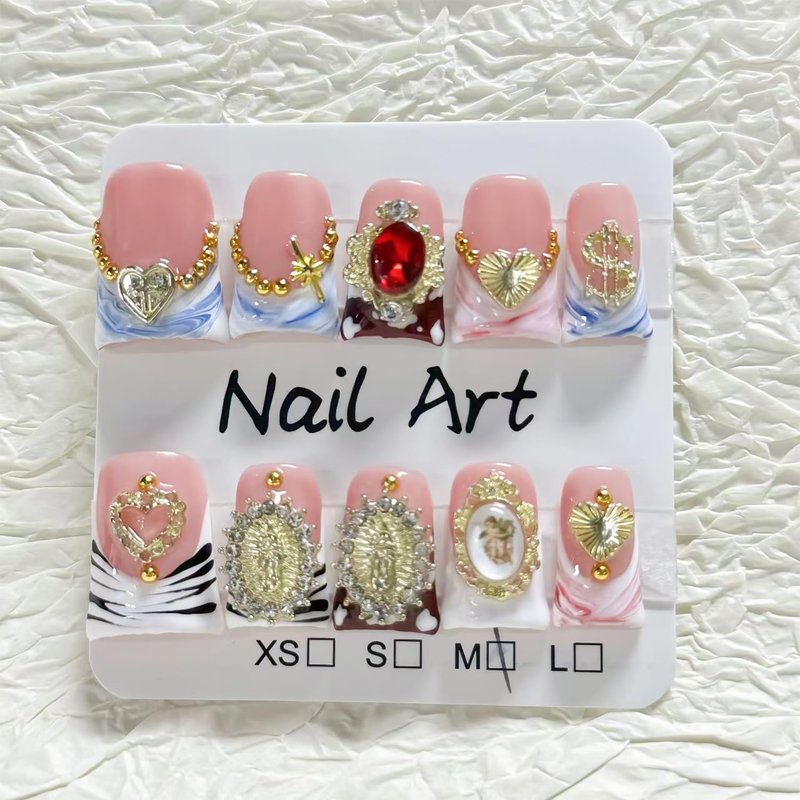 10 Pcs Duck Press on Nails Medium Fake Nails Sea Waves Pink French Tip Handmade False Nails with Glue, with 3D Golden Heart Design Artificial Acrylic Stick on Nails for Women（M）