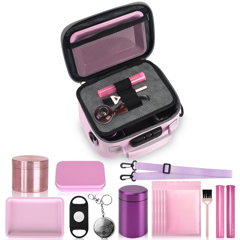 Gosstek Pink Leather Cosmetic Carrier Bag with 10 Accessories, Premium Organizers Box Case with Combination Lock and Great Gift for Women, Childproof Organization Container Pouch 9 X 6 X 4 Inches.