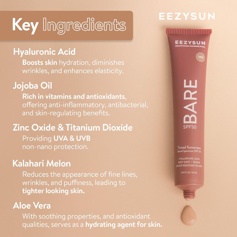 EEZYSUN BARE Tinted Sunscreen for Face SPF 50 - Non-Greasy, Weightless, Water-Resistant, Vegan & Reef-Safe Tinted Moisturizer with SPF, Hyaluronic Acid, Jojoba Oil - All Skin Types, 1.69 fl oz - Tan