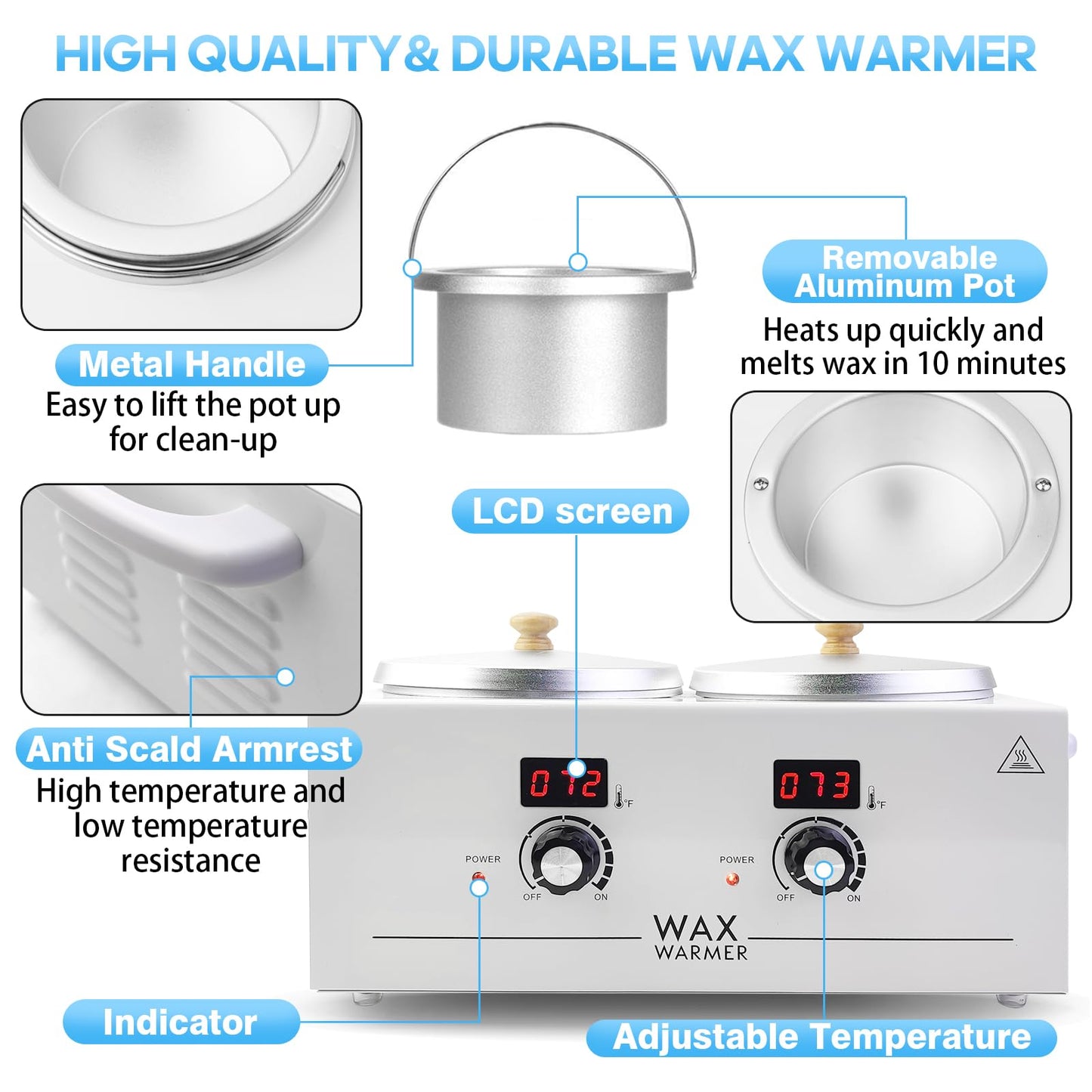 Portable Wax Warmer Machine for Painless Hair Removal, Women Men Professional Wax Heater with Adjustable Temperature Set, 20pcs Sticks (White - Double Pots-Digital)