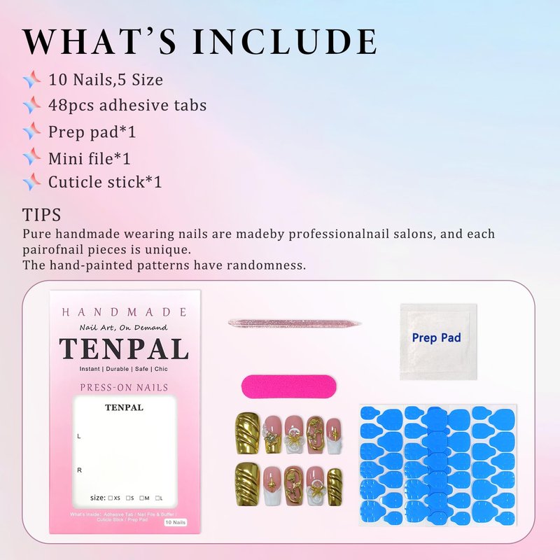 TENPAL Luxury Handmade Press on Nails Medium Long Square,Sheer French Tips White Gold Fake Nails For Women Girls,3D Rose Embossed Glossy False Nails for Parties Daily Vacations(L)