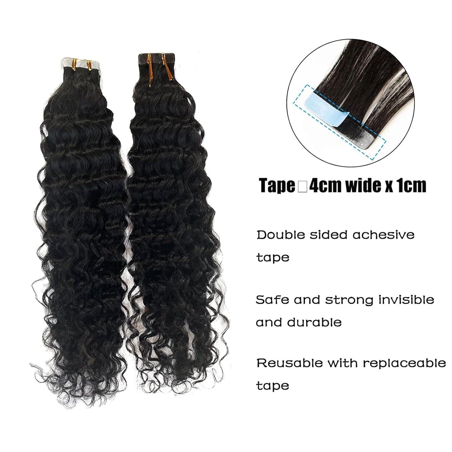 Curly Tape in Hair Extensions,14inch Natural Black Water Wave Real Human Hair Tape in Extensions 20pcs 50g Black Wavy Tape on Hair Extensions for Black Women