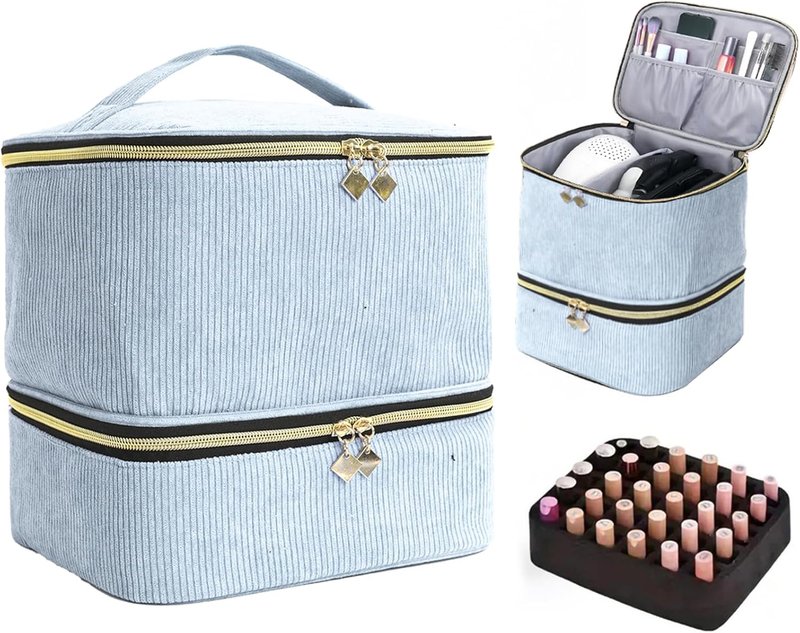 Nail Polish Organizer Bag - Double-Layer Tote for 30 Bottles & Nail Lamp | Blue Carrying Case
