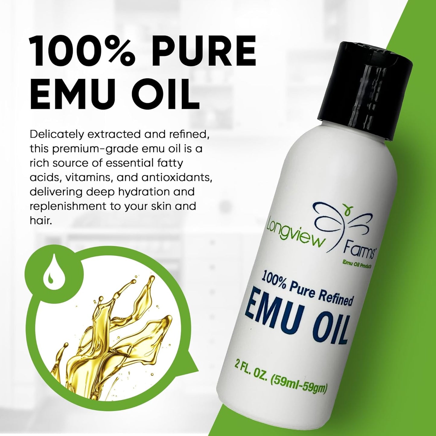 Emu Oil for Hair and Body - 100% Pure & Refined Hydration | Premium Skin & Hair Care | 2 Fl. Oz