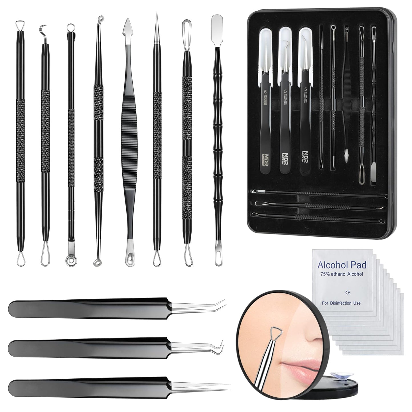 Meidaier 11Pcs Blackhead Remover Kit, Stainless Steel Acne Comedone Extractor with 10X Magnifying Glass & 20 75% Alcohol Pads, Pimple Whitehead Blemish Removal, Anti-Slip Handle & Storage Box