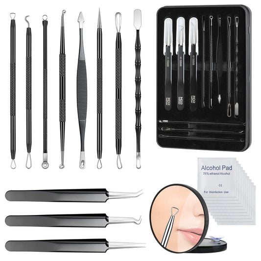 Meidaier 11Pcs Blackhead Remover Kit, Stainless Steel Acne Comedone Extractor with 10X Magnifying Glass & 20 75% Alcohol Pads, Pimple Whitehead Blemish Removal, Anti-Slip Handle & Storage Box