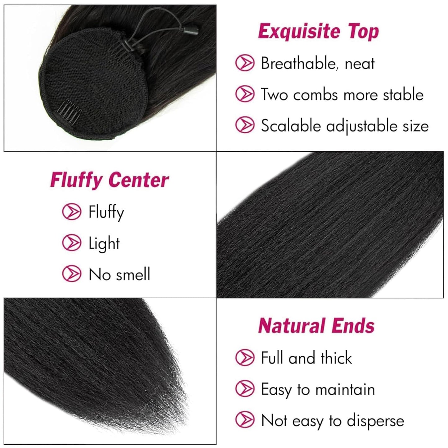 Yaki Straight Ponytail Extension, Wrap Around Ponytail Extension for Black Women, Yaki Human Hair Extension, Natural Black (Drawstring ponytail, 24 inch)