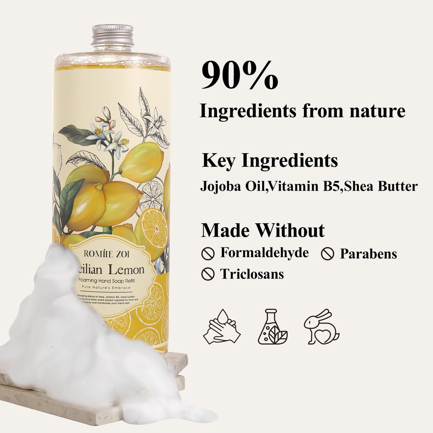 ROMIIE ZOI Hand Soap Refills Foaming, Lemon, 33.8 Fl Oz, 3-Pack