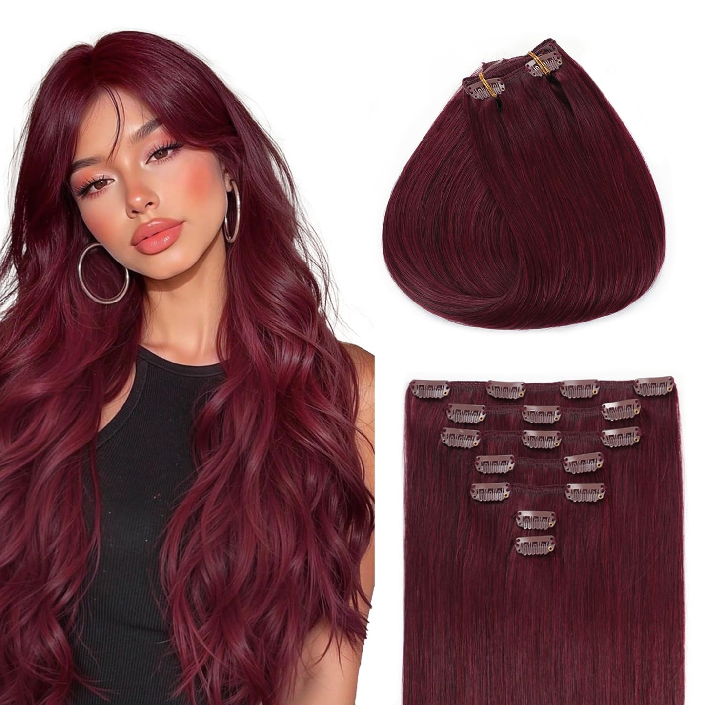 Sunya Clip in Hair Extensions Real Human Hair 7 Pcs Human Hair Clip in Extensions 16 Inch Straight Double Weft Remy Human Hair Extensions Clip ins for Women #99J Burgundy 70G