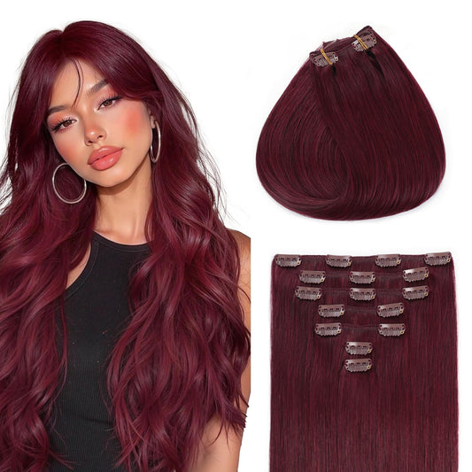 Sunya Clip in Hair Extensions Real Human Hair 7 Pcs Human Hair Clip in Extensions 16 Inch Straight Double Weft Remy Human Hair Extensions Clip ins for Women #99J Burgundy 70G