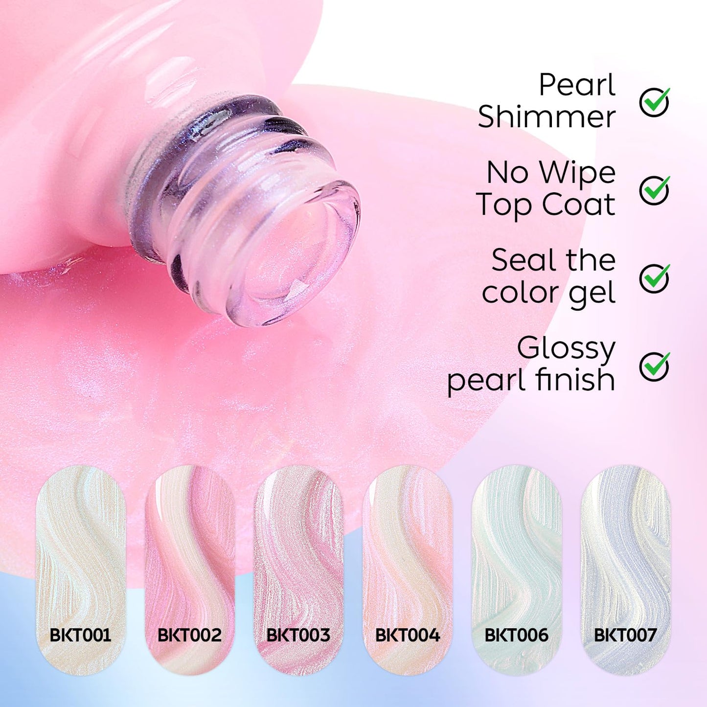 AIMEILI Gel Polish Glitter Top Coat 6 Color, Hema Free, Cruelty Free, Vegan, 2 In 1 High Glossy Shiny Pearl No Wipe Top Gel for Nail Art