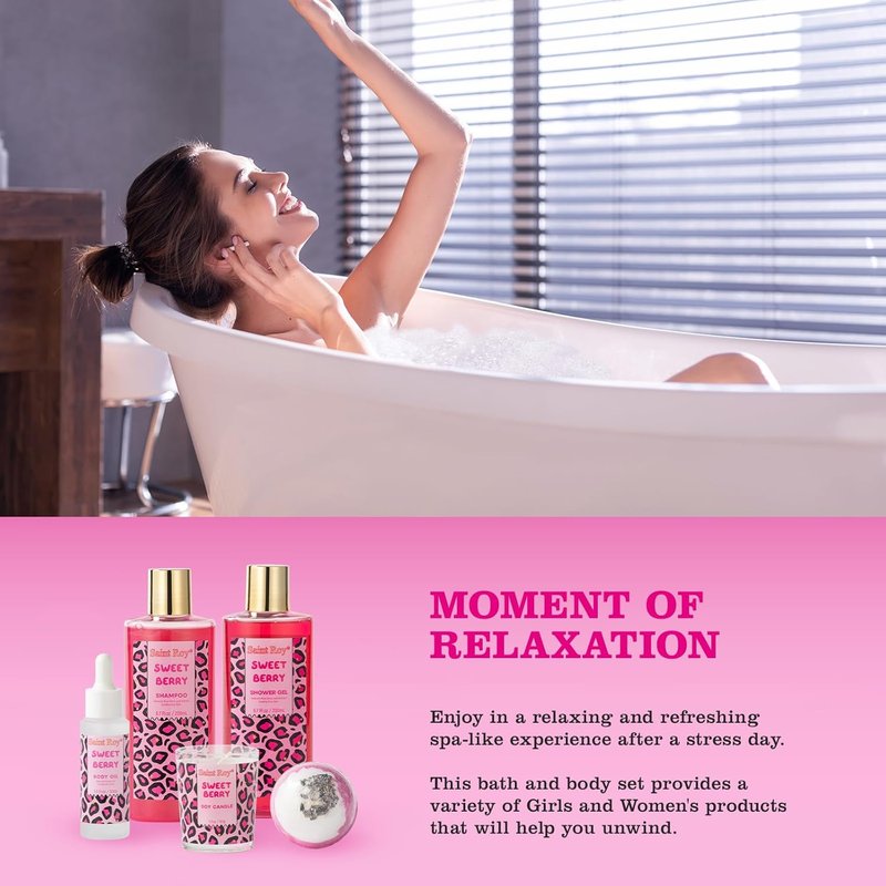 Bath and Body Spa Gift Basket - Relaxing Self-Care Set for Women | Sweet Berry Shower Essentials for Teens & Moms
