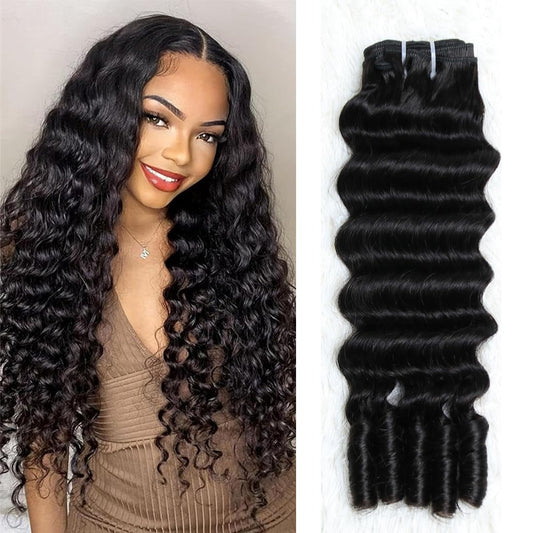 SWEETGIRL Deep Wave Human Hair Bundles Burmese Curly Bundles Human Hair Quick Weave with Spiral End Sew in Hair Extensions Real Virgin Remy Hair 20 Inches 1 Bundle Natural Color