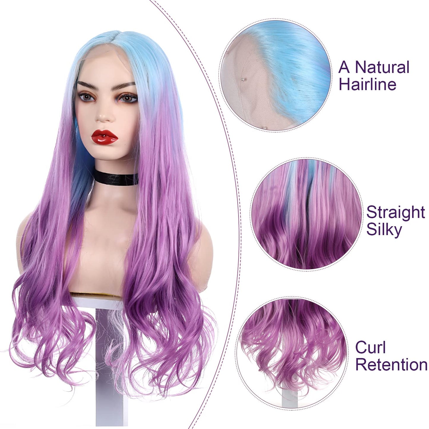 FUHSI Blue Ombre Purple Lace Front Wigs for Women Long Wavy Lavender Wig Synthetic Replacement Hair for Girls Cosplay Party Use