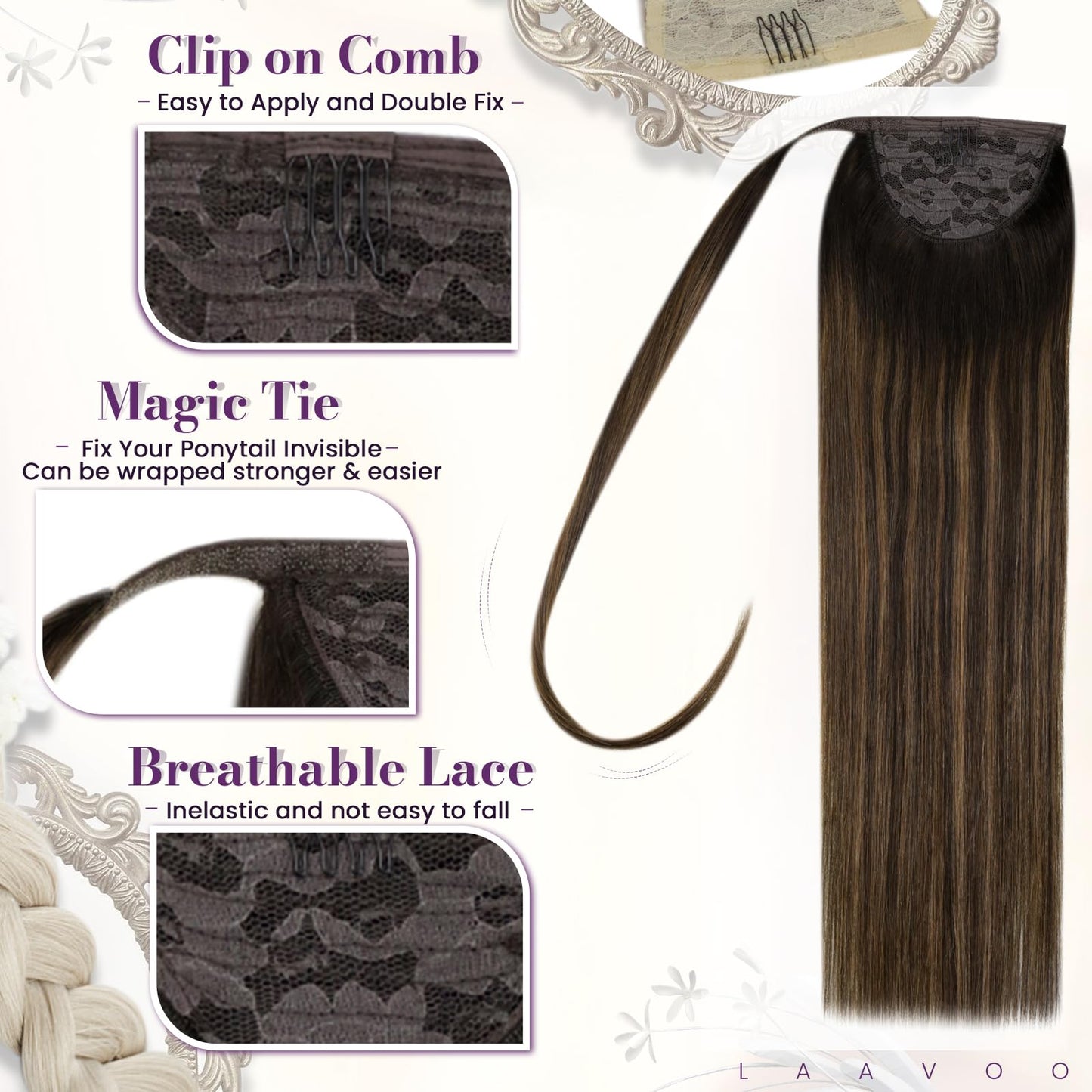LaaVoo Ponytail Extension Human Hair Brown Ombre Ponytail Extensions for Women Balayage Darkest Brown to Light Brown Pony Tails Hair Extensions Real Humen Hair Short Straight 12 Inch 75g