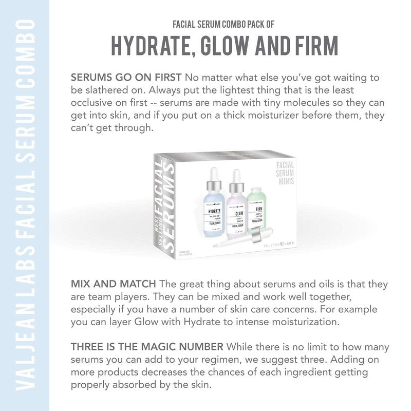 Valjean Labs Facial Serum, Combo Pack of Hydrate, Glow, and Firm | Supercharged, Targeted Skincare Ingredients | Paraben Free (1oz Bottles)