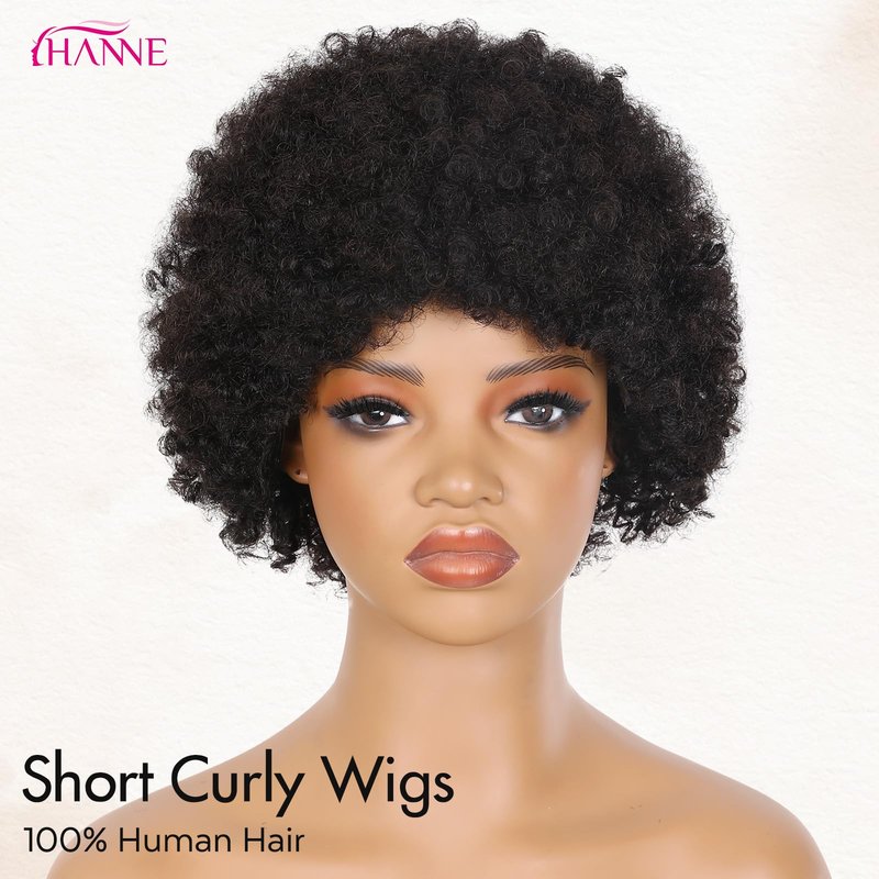 HANNE Short Afro Wig for Black Women 100% Human Hair Tight Curly Wig Short Curly Wig (Black)