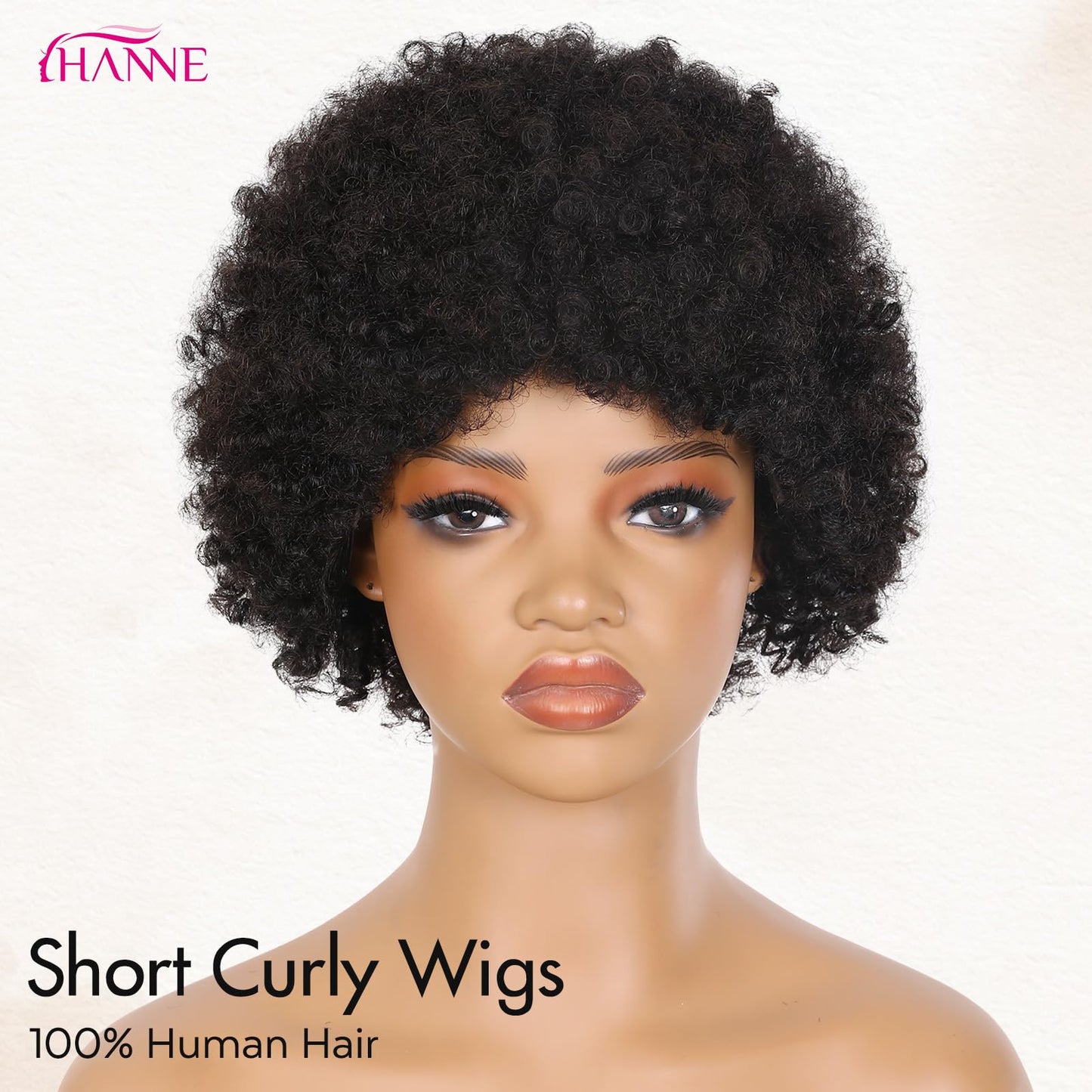 HANNE Short Afro Wig for Black Women 100% Human Hair Tight Curly Wig Short Curly Wig (Black)