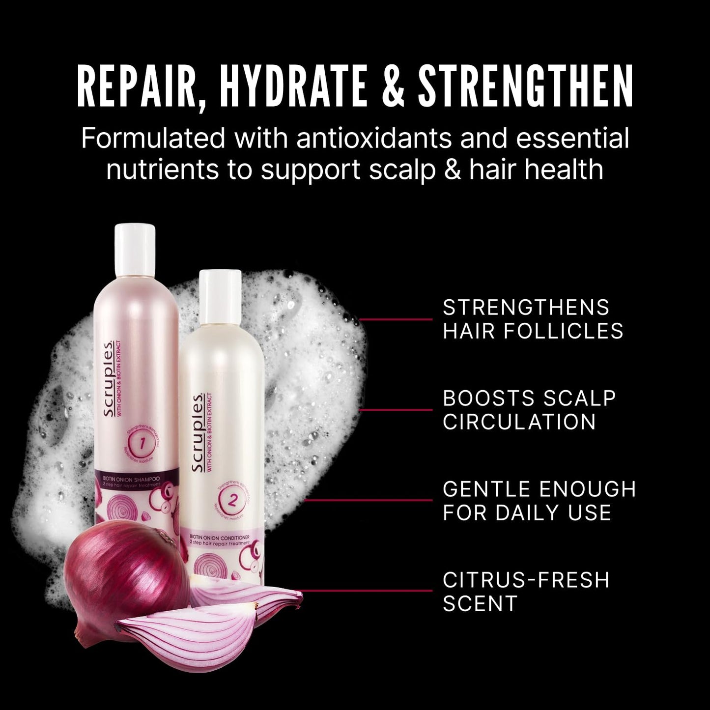 Scruples Biotin Onion Shampoo and Conditioner Bundle - Hair Growth Shampoo & Conditioner for Women to Strengthen & Hydrate - Made with Onion Extract & Biotin to Help Promote Growth (2 Pack)