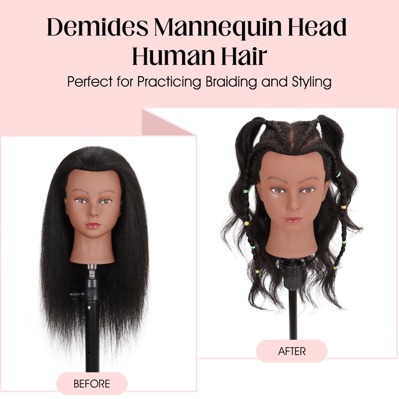 Mannequin Head 100% Real Human Hair 16", Mannequin Head Human Hair Cosmetology Doll Head for Hair Styling, Manikin Head for Braiding with Clamp Holder（Black）