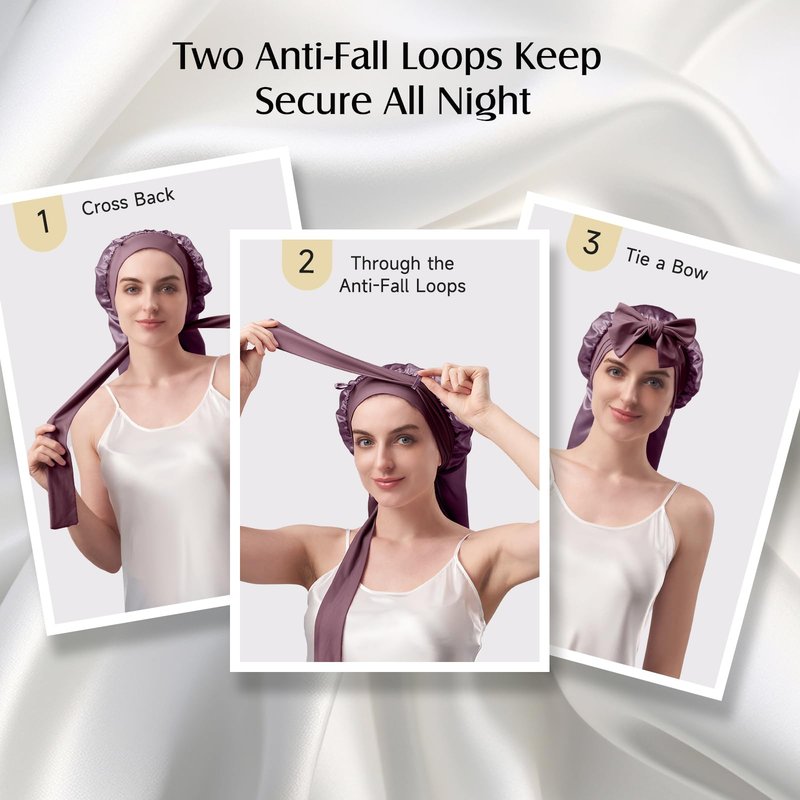 YFONG Double-Layered 100% Pure Mulberry Silk Bonnet for Long Hair, 22 Momme Sleep Bonnet for Sleeping with Elastic Tie Band, Real Silk Sleep Cap for Women Long Curly Hair, Purple