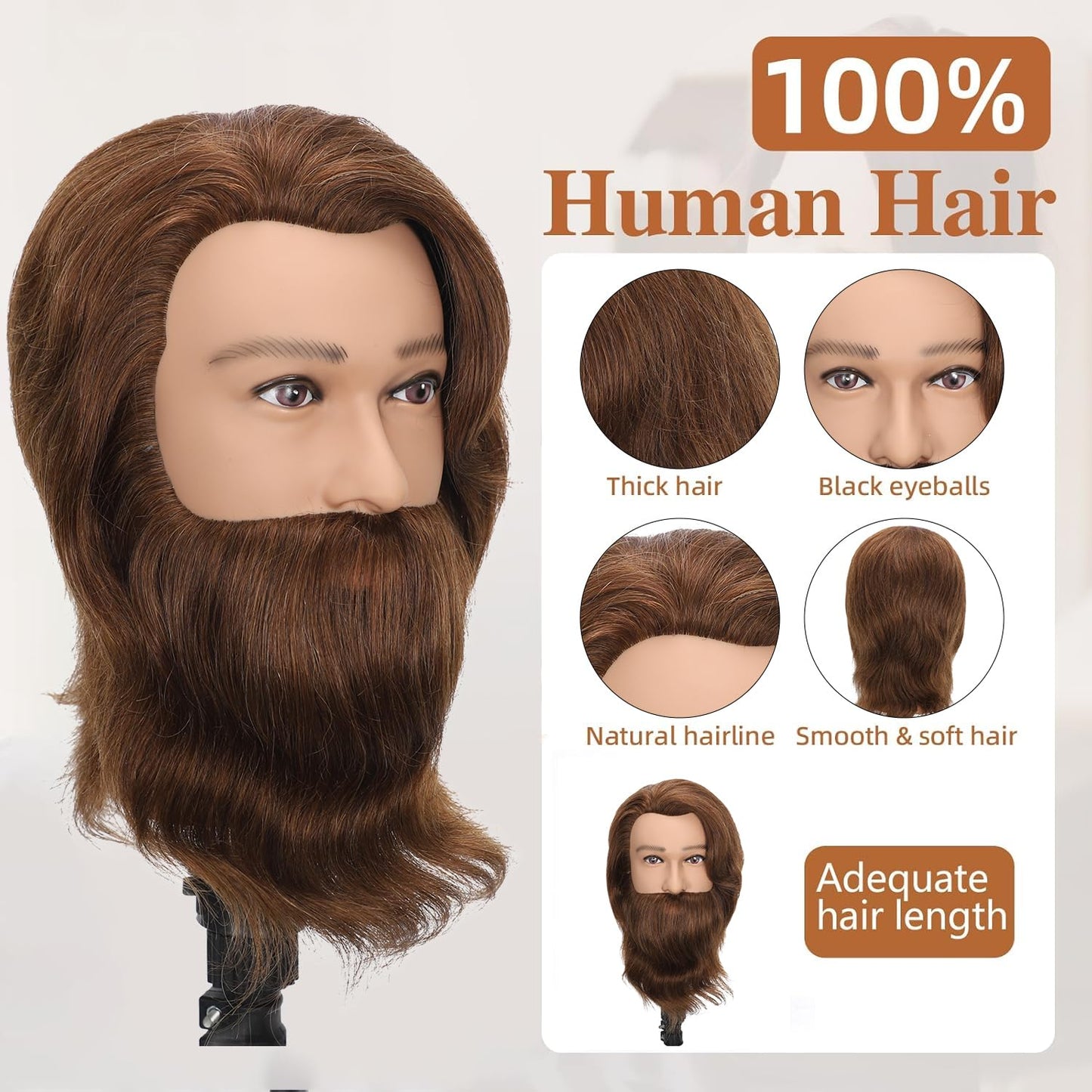 TKIMHEQ 14" Male Mannequin Head with Beard 100% Human Hair Haircut Manikin Head for Cosmetology Straight Thick Hair Doll Head with Human Hair with Stand Practice Cutting Styling (Brown#)