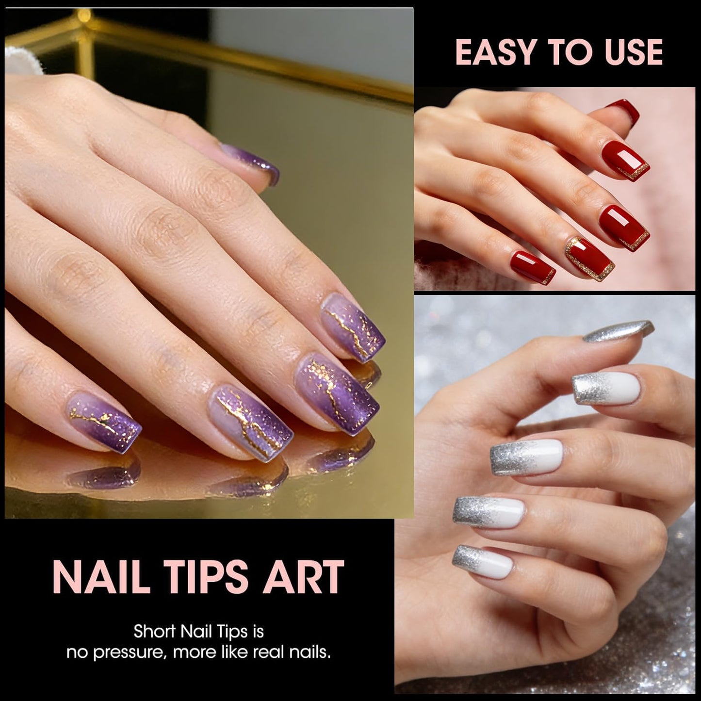 Buqikma Short Nail Tips, French Style Square, Clear+Natural 1000PCS
