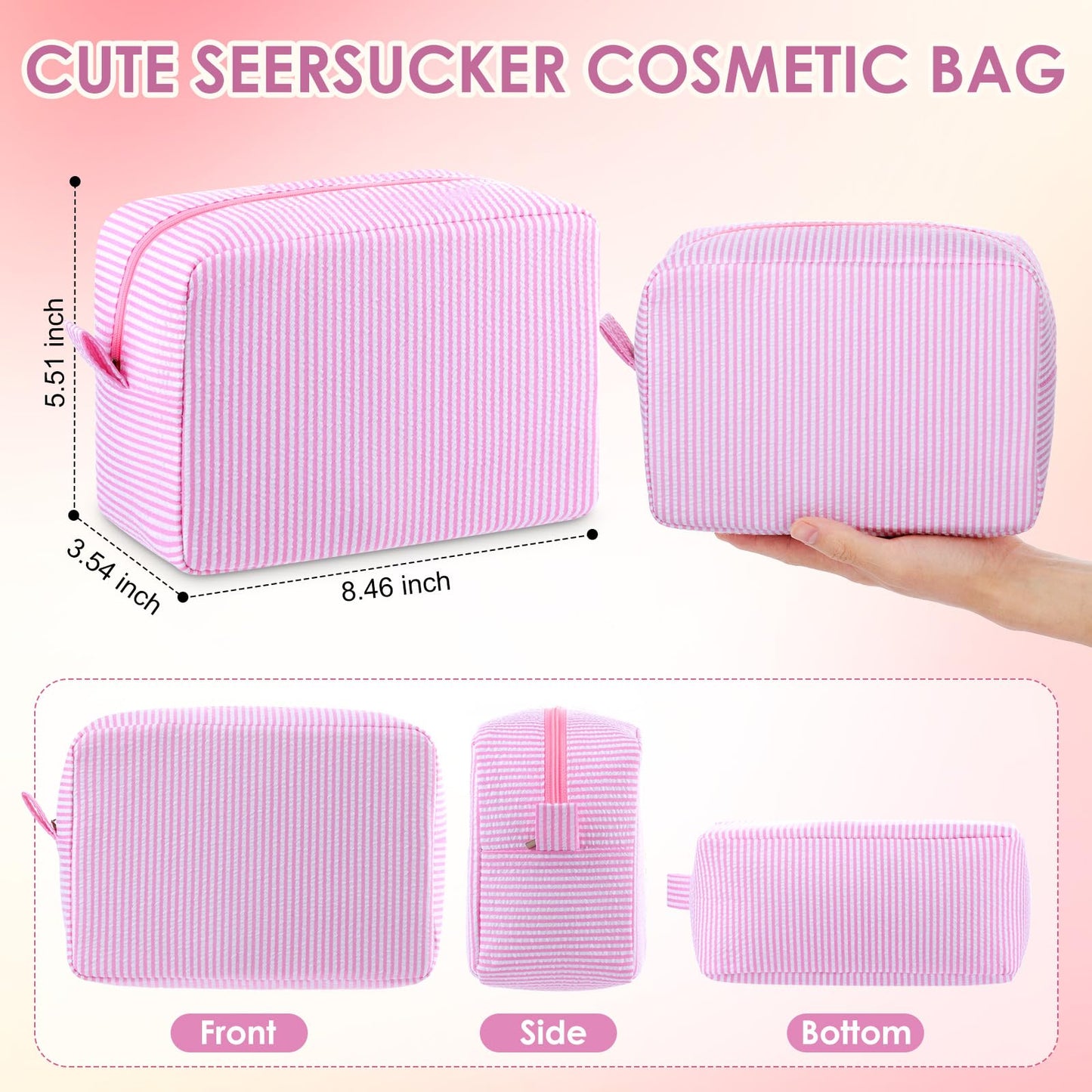 Sanwuta Seersucker Cosmetic Bag Bulk Striped Makeup Bag for Women Aesthetic Cute Travel Toiletry Organizer Preppy Storage Pouch for Wedding Bridesmaid Mother's Day Teacher Gift(Large,Pink,6)