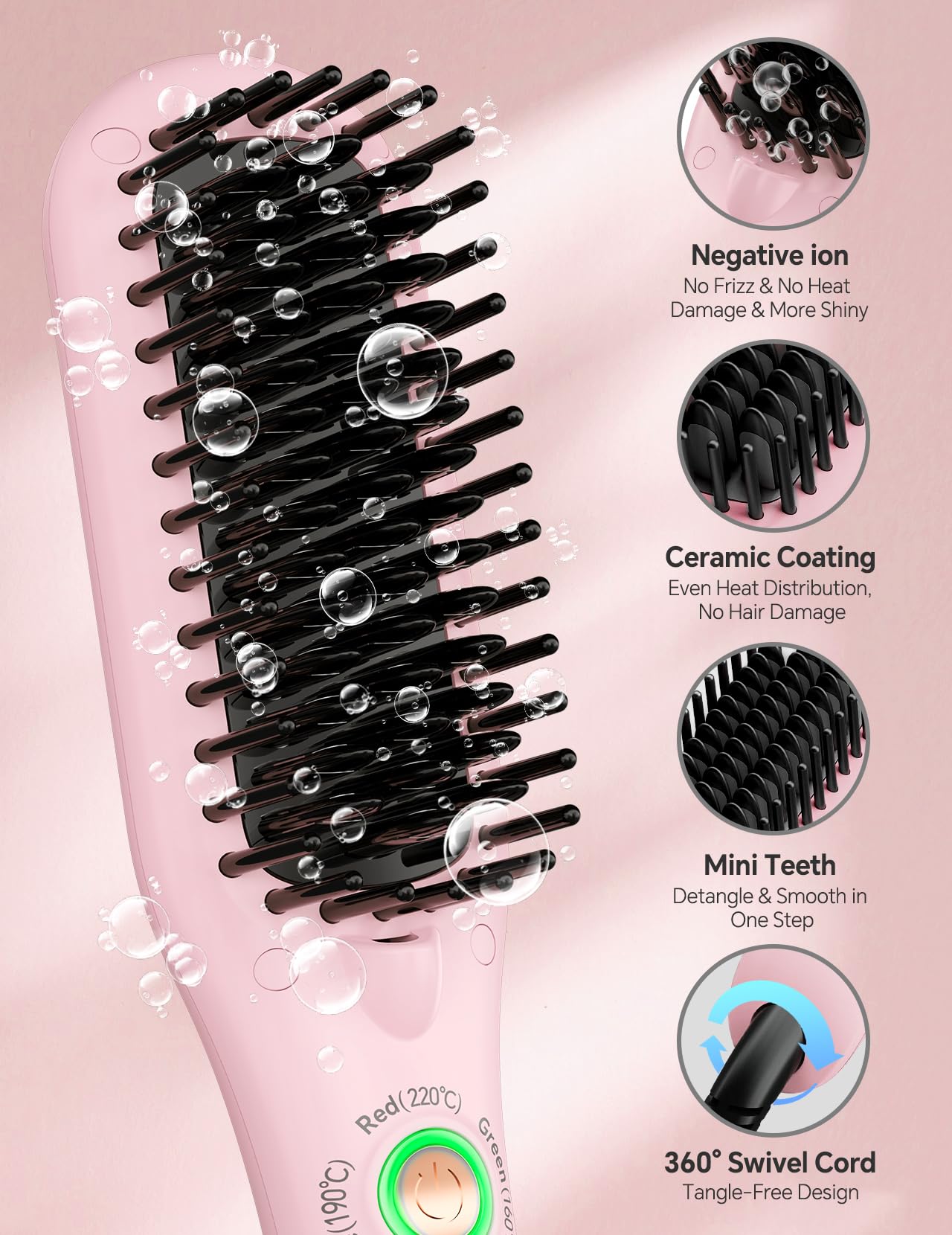 LANDOT Mini Hair Straightening Brush – Portable Heated Ionic Straightener Brush for Short to Medium Hair, 30s Fast Heat, Lightweight Hot Comb for Travel, Blush Pink