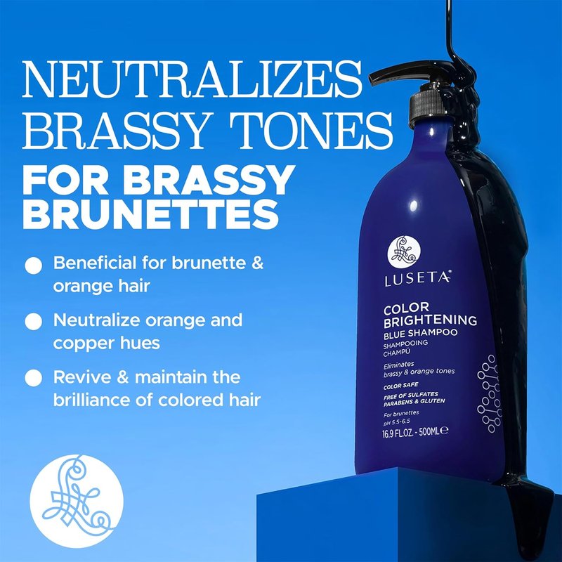 Luseta Color Brightening Blue Shampoo - Neutralizes Brassy Tones for Brunettes | 16.9oz, Sulfate-Free